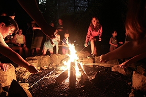 group of chidlren and adults roasting marschmellows on a fire at night