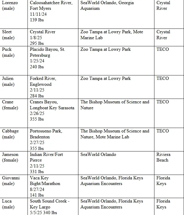 Manatee list of released manatees